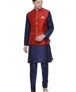 Vastramay Men's Dark Blue Cotton Silk Blend Kurta, Ethnic Jacket And Pyjama Set
