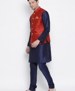Vastramay Men's Dark Blue Cotton Silk Blend Kurta, Ethnic Jacket And Pyjama Set