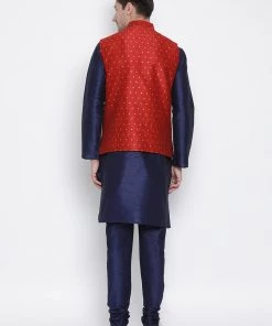 Vastramay Men's Dark Blue Cotton Silk Blend Kurta, Ethnic Jacket And Pyjama Set