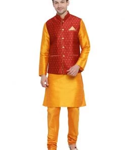 Vastramay Men's Orange Cotton Silk Blend Kurta, Ethnic Jacket And Pyjama Set