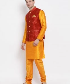Vastramay Men's Orange Cotton Silk Blend Kurta, Ethnic Jacket And Pyjama Set