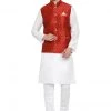 Vastramay Men's White Cotton Silk Blend Kurta, Ethnic Jacket And Pyjama Set