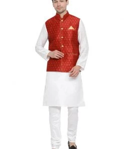 Vastramay Men's White Cotton Silk Blend Kurta, Ethnic Jacket And Pyjama Set
