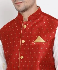 Vastramay Men's White Cotton Silk Blend Kurta, Ethnic Jacket And Pyjama Set 10 Vastramay Men's White Cotton Silk Blend Kurta, Ethnic Jacket And Pyjama Set