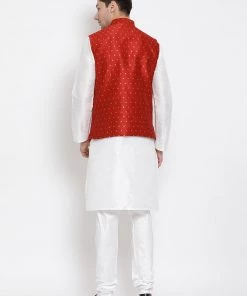 Vastramay Men's White Cotton Silk Blend Kurta, Ethnic Jacket And Pyjama Set 11 Vastramay Men's White Cotton Silk Blend Kurta, Ethnic Jacket And Pyjama Set