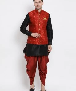 Kurta Pyjama Vastramay Maroon And Black Silk Blend Baap Beta Jacket Dhoti Kurta Set