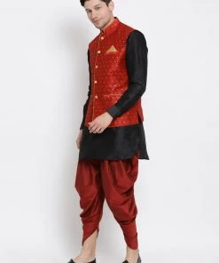 Vastramay Men's Black Cotton Silk Blend Ethnic Jacket, Kurta And Dhoti Pant Set