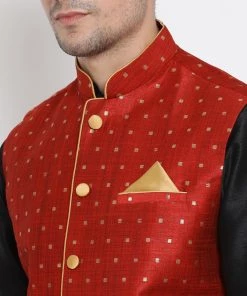 Kurta Pyjama Vastramay Maroon And Black Silk Blend Baap Beta Jacket Dhoti Kurta Set