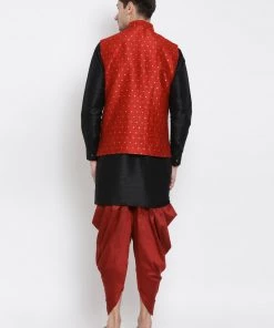 Vastramay Men's Black Cotton Silk Blend Ethnic Jacket, Kurta And Dhoti Pant Set