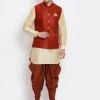 Vastramay Men's Gold Cotton Silk Blend Ethnic Jacket, Kurta And Dhoti Pant Set