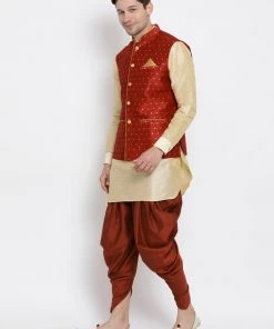 Vastramay Men's Gold Cotton Silk Blend Ethnic Jacket, Kurta And Dhoti Pant Set
