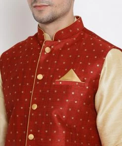 Vastramay Men's Gold Cotton Silk Blend Ethnic Jacket, Kurta And Dhoti Pant Set
