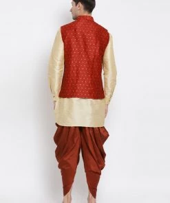 Vastramay Men's Gold Cotton Silk Blend Ethnic Jacket, Kurta And Dhoti Pant Set