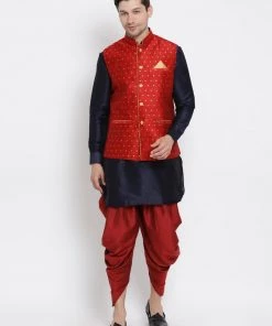 Vastramay Men's Dark Blue Cotton Silk Blend Ethnic Jacket, Kurta And Dhoti Pant Set