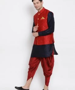 Vastramay Men's Dark Blue Cotton Silk Blend Ethnic Jacket, Kurta And Dhoti Pant Set
