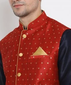 Vastramay Men's Dark Blue Cotton Silk Blend Ethnic Jacket, Kurta And Dhoti Pant Set