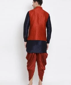 Vastramay Men's Dark Blue Cotton Silk Blend Ethnic Jacket, Kurta And Dhoti Pant Set