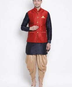 Kurta Pyjama Vastramay Maroon, Navy Blue And Rose Gold Silk Blend Baap Beta Jacket Dhoti Kurta Set