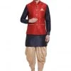 Vastramay Men's Dark Blue Cotton Silk Blend Ethnic Jacket, Kurta And Dhoti Pant Set