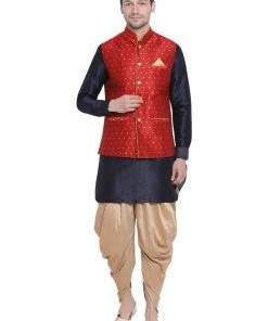 Vastramay Men's Dark Blue Cotton Silk Blend Ethnic Jacket, Kurta And Dhoti Pant Set