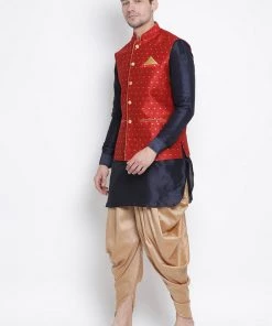 Vastramay Men's Dark Blue Cotton Silk Blend Ethnic Jacket, Kurta And Dhoti Pant Set