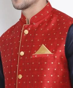 Kurta Pyjama Vastramay Maroon, Navy Blue And Rose Gold Silk Blend Baap Beta Jacket Dhoti Kurta Set