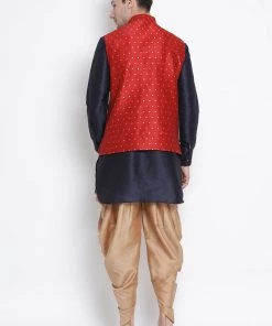 Kurta Pyjama Vastramay Maroon, Navy Blue And Rose Gold Silk Blend Baap Beta Jacket Dhoti Kurta Set