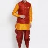 Vastramay Men's Orange Cotton Silk Blend Ethnic Jacket, Kurta And Dhoti Pant Set