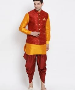 Vastramay Men's Orange Cotton Silk Blend Ethnic Jacket, Kurta And Dhoti Pant Set