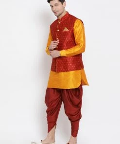 Vastramay Men's Orange Cotton Silk Blend Ethnic Jacket, Kurta And Dhoti Pant Set