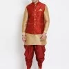 Vastramay Men's Gold Cotton Silk Blend Ethnic Jacket, Kurta And Dhoti Pant Set