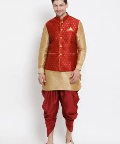 Kurta Pyjama Vastramay Maroon And Rose Gold Silk Blend Baap Beta Jacket Dhoti Kurta Set