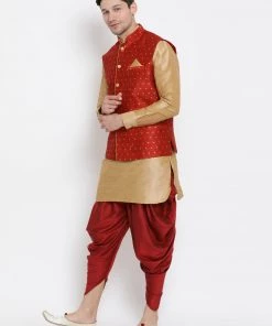 Kurta Pyjama Vastramay Maroon And Rose Gold Silk Blend Baap Beta Jacket Dhoti Kurta Set