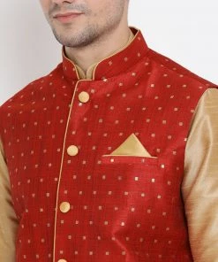 Kurta Pyjama Vastramay Maroon And Rose Gold Silk Blend Baap Beta Jacket Dhoti Kurta Set