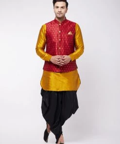 VASTRAMAY Men's Maroon Banarasi Nehru Jacket With Mustard And Black Silk Kurta And Dhoti Set