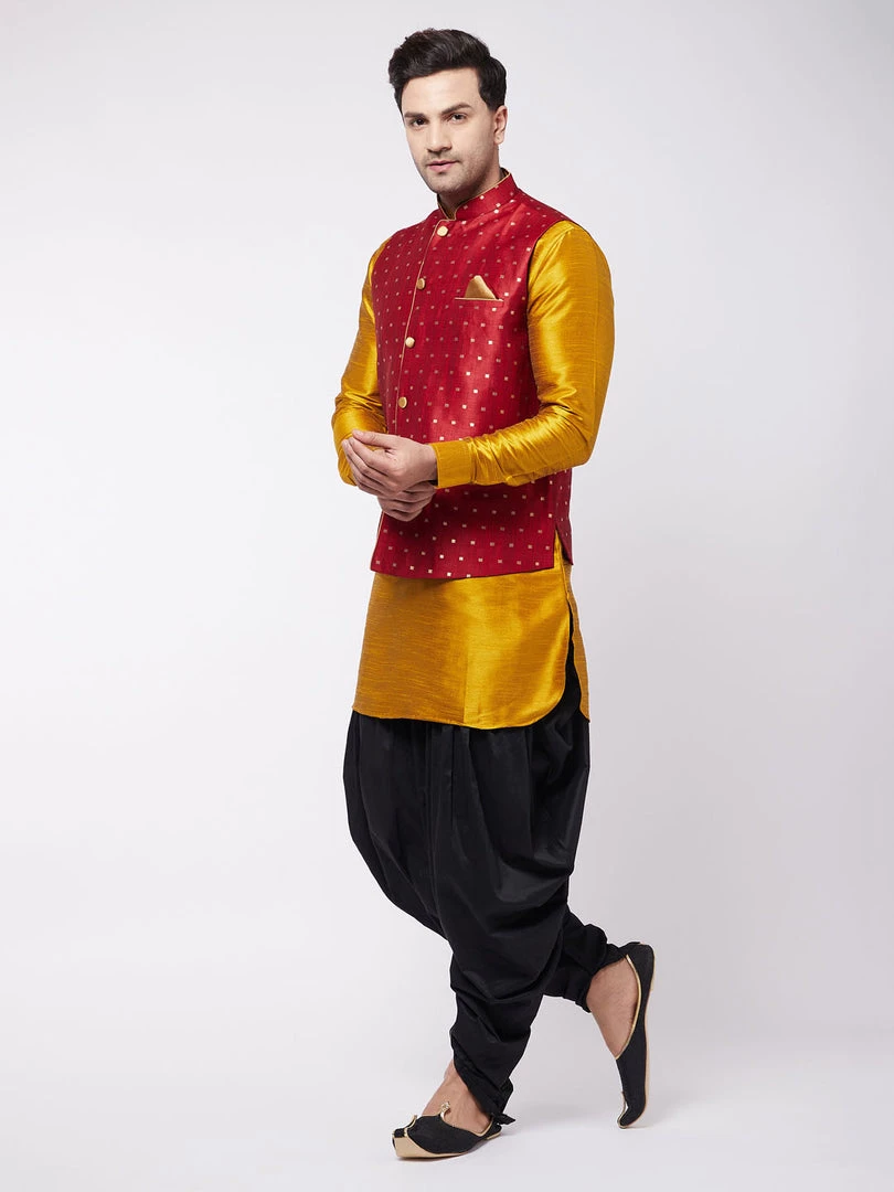 VASTRAMAY Men's Maroon Banarasi Nehru Jacket With Mustard And Black Silk Kurta And Dhoti Set 5 VASTRAMAY Men's Maroon Banarasi Nehru Jacket With Mustard And Black Silk Kurta And Dhoti Set