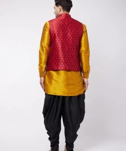 VASTRAMAY Men's Maroon Banarasi Nehru Jacket With Mustard And Black Silk Kurta And Dhoti Set 12 VASTRAMAY Men's Maroon Banarasi Nehru Jacket With Mustard And Black Silk Kurta And Dhoti Set