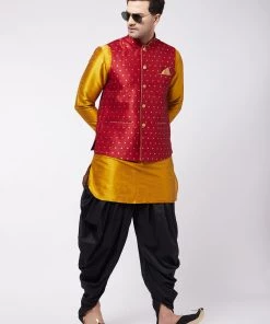 VASTRAMAY Men's Maroon Banarasi Nehru Jacket With Mustard And Black Silk Kurta And Dhoti Set
