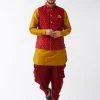 VASTRAMAY Men's Maroon Banarasi Jacket With Mustard Silk Kurta And Dhoti Set 2 VASTRAMAY Men's Maroon Banarasi Jacket With Mustard Silk Kurta And Dhoti Set