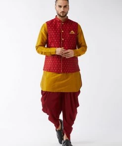 VASTRAMAY Men's Maroon Banarasi Jacket With Mustard Silk Kurta And Dhoti Set