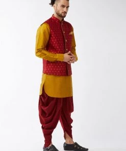 VASTRAMAY Men's Maroon Banarasi Jacket With Mustard Silk Kurta And Dhoti Set