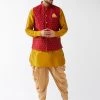 VASTRAMAY Men's Maroon Banarasi Jacket With Mustard Silk Blend Kurta And Dhoti Set