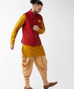 VASTRAMAY Men's Maroon Banarasi Jacket With Mustard Silk Blend Kurta And Dhoti Set