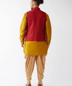 VASTRAMAY Men's Maroon Banarasi Jacket With Mustard Silk Blend Kurta And Dhoti Set