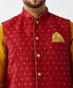 VASTRAMAY Men's Maroon Banarasi Jacket With Mustard Silk Blend Kurta And Dhoti Set