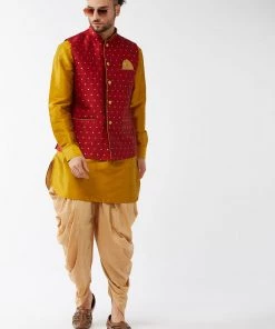 VASTRAMAY Men's Maroon Banarasi Jacket With Mustard Silk Blend Kurta And Dhoti Set