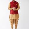 VASTRAMAY Men's Maroon Banarasi Jacket With Rose Gold Silk Kurta And Dhoti Set