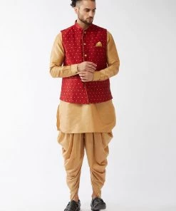 VASTRAMAY Men's Maroon Banarasi Jacket With Rose Gold Silk Kurta And Dhoti Set