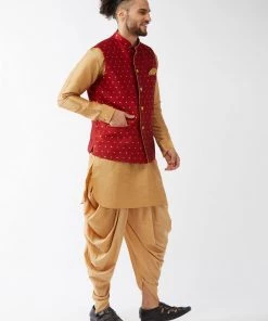 VASTRAMAY Men's Maroon Banarasi Jacket With Rose Gold Silk Kurta And Dhoti Set