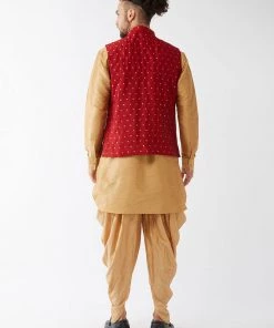 VASTRAMAY Men's Maroon Banarasi Jacket With Rose Gold Silk Kurta And Dhoti Set